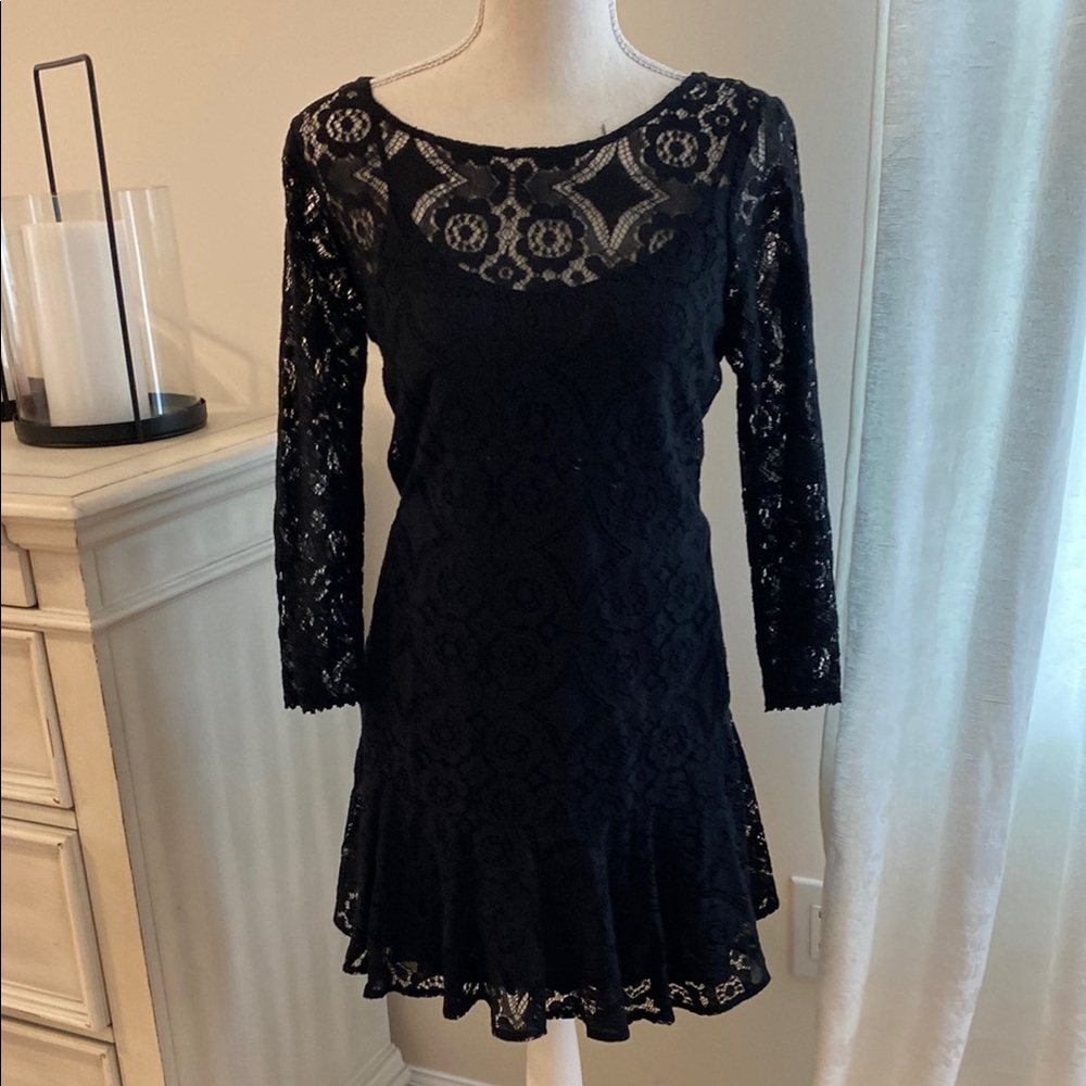 Free People Black Lace Long Sleeve Mini Dress